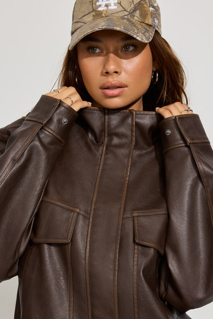 Oversized Faux Leather Stand Collar Bomber - Image 3
