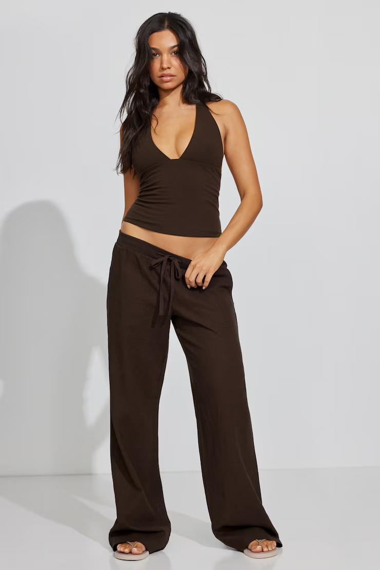 Linen Ribbed Waistband Pull-On Pants